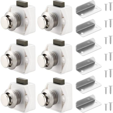 Lot de 6 verrous à bouton-poussoir pour placard, tiroir, placard, porte, caravane, camping-car, bateau, blanc