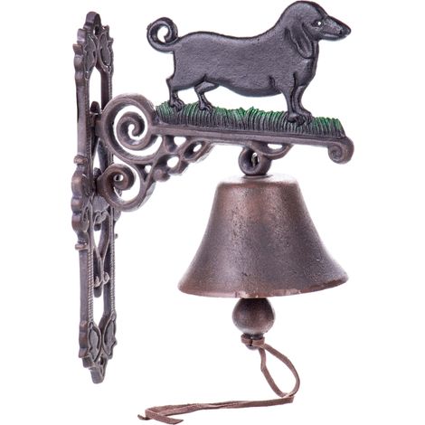 Wandglocke aus Gusseisen mit Dackelmotiv, Gartenglocke mit Hund