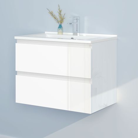 60cm Badmöbel Set Waschtisch mit Unterschrank Gäste WC Hochglanz Weiß Waschbecken Keramik dünn