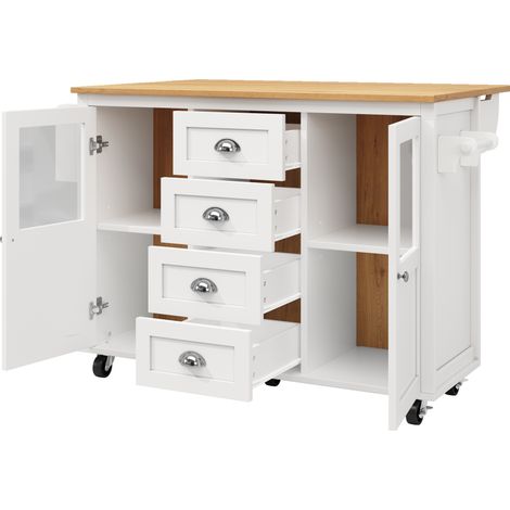 Mobile Kücheninsel mit Rollen, MDF und Metall, 4 Schubladen, 2 Türen, Weiß (1/5)
