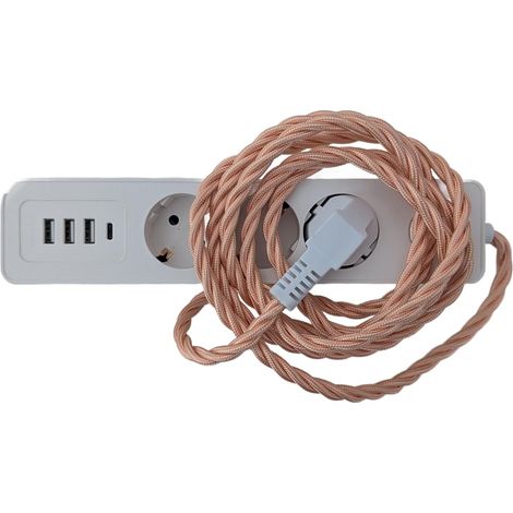 Bloc multiprise vintage à 3 prises avec câble en tissu de 2 m – 16 A – Câble d'extension rétro tressé, design classique Old-School – 5 couleurs au choix (or rose) (1/5)