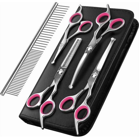 Ciseaux de toilettage pour chiens, ensemble de 5 outils de toilettage pour animaux de compagnie en acier inoxydable revêtu de titane, ciseaux à effiler/droits/courbés et peigne – Rose (1/3)