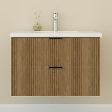 Aica Meuble de Salle de Bain suspendu Noyer 80 cm avec 2 tiroirs, vasque inclus