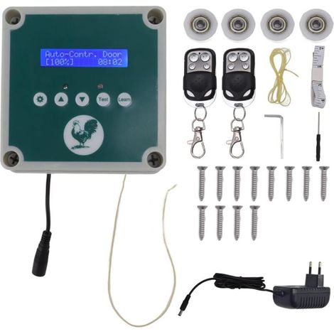 Trywise Contrôleur automatique de porte de poulailler IP44, kit de moteur d'actuateur de porte de maison de volaille avec télécommande, minuterie, capteur de lumière 100 à 240V (1/4)