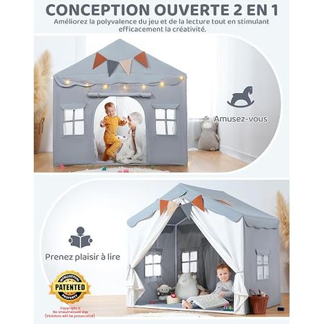 Tente Enfant 2 en1, Cabane Enfant Intérieure avec Tapis Rembourré, Drapeaux, Tente de Jeu pour Enfants Princesse, Idéal pour la Décoration de Chambre d'enfants et Fête (Gris) (1/4)