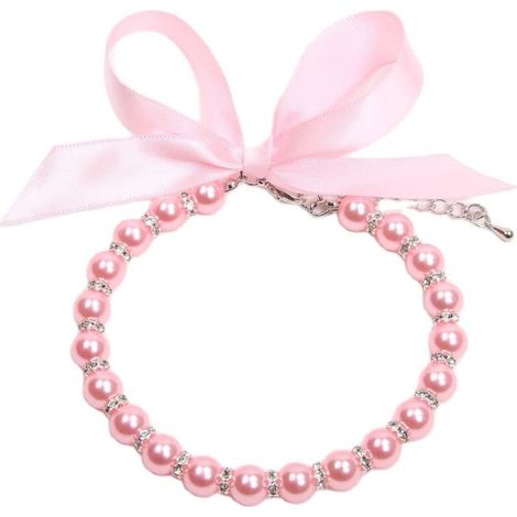 Collier Ras-de-cou - Perles Faux Strass - Pour Chat Chien - Fermoir Ajustable - Taille S - Rose (1/5)