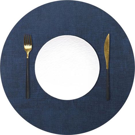 Sets de table, 4 sets de table (33 cm) + 4 sous-verres (10 cm), lavables, ronds, antidérapants, en similicuir, aspect similicuir, bleu foncé (1/5)