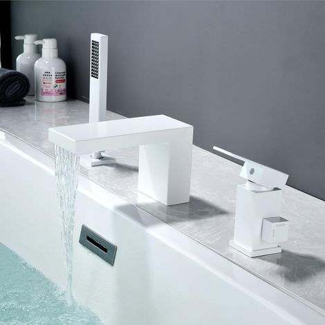 Robinet Baignoire 3 Trous, Mitigeur avec Douchette 3 Trous, Robinetterie de Baignoire Cascade, Blanc, 13Y6OK (1/5)