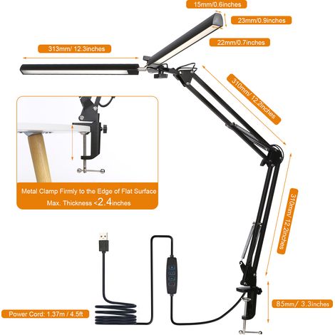 Lampe de bureau bras articulé à étau Neoglint 24W 120 LED D C5V 2A 3 teintes 10 niveaux intensité USB mémoire coupure réglable pliable aluminium (1/3)