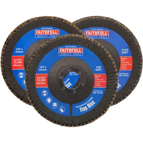 Faithfull Aluminium Oxide Flap Discs 125mm 3 Pack, Mixed Grits