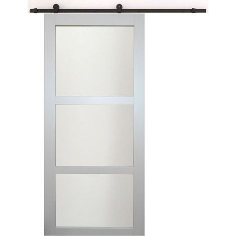 Porte Coulissante Greyria Gris Clair Ral7035 Vitree H204 X L73 + Rail À Roulettes Noir