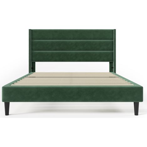 Lit rembourré 140 x 200 cm avec sommier à lattes et tête de lit, velours vert foncé, design moderne (1/5)
