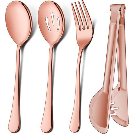 MINKUROW Servierutensilien Edelstahl Großer Servierlöffel 24 cm Metallzange 22 cm Serviergabeln 21 cm geschlitzter Löffel 24 cm Servierlöffel für Party Buffet Bankett Küche (4, Roségold) (1/5)