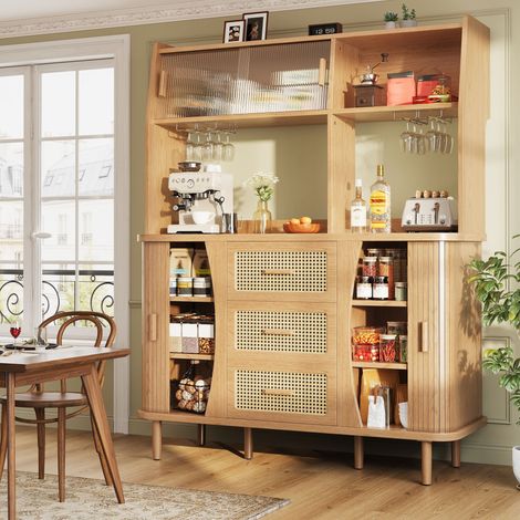 Buffetschrank mit 3 Schubladen, Rattanfront, Glasschiebetüren, für Esszimmer, MDF und Metall, 140 × 40.5 × 174.5 cm (1/5)