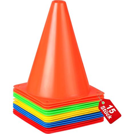 Lot de 15 cônes de marquage pour enfants - 17,5 cm - Pour activités de plein air et événements festifs - Pour le football, le sport et l'entraînement des chiens - 5 couleurs (1/5)