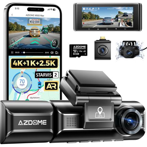 4K Dashcam Voiture, 4K+1080P+2.5K Triple Camera Avant Arrière Intérieur, WiFi GPS, 3,19" Dashcam avec Carte SD 64G, Vision Nocturne, WDR, G-Capteur, Mode Stationnement, Enregistrement en Boucle (1/5)