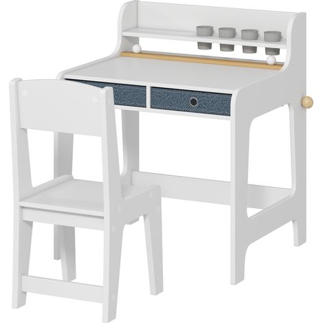 Weißer Kindertisch (62,8 x 55,6 x 73,8 cm) mit Stuhl, 2 Stoffschubladen und Becherhalter