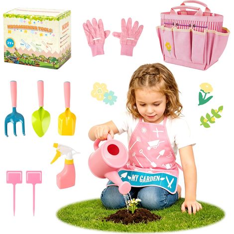 Kit Jardinage Enfant 3+ Ans: Extérieur Set Outils Jardinage Enfant, Jouet avec Pelle, Tablier, Arrosoir, Gant, Fourche, Jeux de Jardin Cadeau Garçon Fille, Rose (1/5)