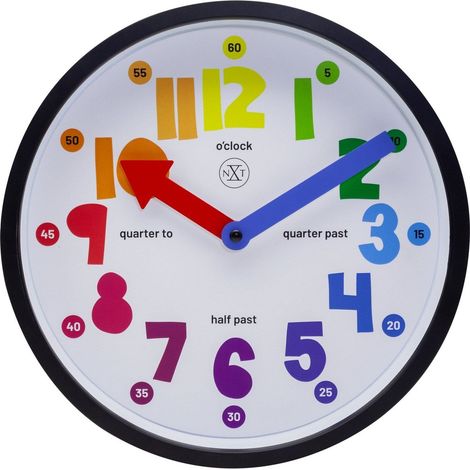 Horloge murale silencieuse pour enfant apprentissage de l'heure en plastique noir et blanc 26 cm - PANGIVO (1/5)
