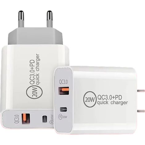 EU Chargeur USB Double Port 20W PD+QC3.0 (A+C), Adaptateur de Charge Rapide Prise US/EU pour Téléphones Mobiles (1/4)