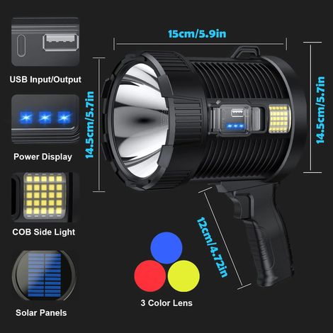 (W5114 Grand - noir) Projecteur rechargeable 900 000 lumens LED, lampe torche portable grand format, projecteur solaire ultra-lumineux pour extérieur (1/5)