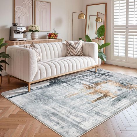 Tapis Chambre et Salon Style Moderne Artistique Traditionnel Unique - Doux à Poils Courts Antidérapant Intérieur Moelleux (Gris/Or, 120 x 160 cm) (1/5)