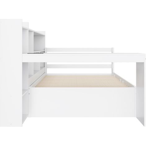Canapé-lit en bois massif 90 x 200 cm, avec bureau, étagères à livres, compartiments de rangement et étagères, avec prise, lit gigogne escamotable, lit multifonction en bois, blanc