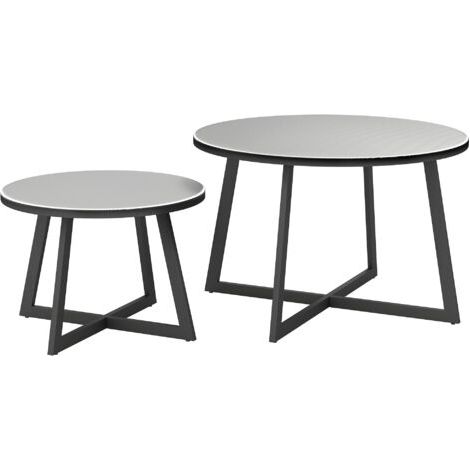 Ensemble de 2 tables d'appoint empilables, tables de jardin rondes, tables de balcon résistantes aux intempéries avec pieds en X, plateau en verre, acier, noir et gris (1/5)