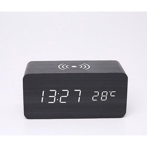 une Horloge Led Numrique Noire, 150mm 70mm 70mm Rveil En Bois Chargement Sans Fil (1/4)