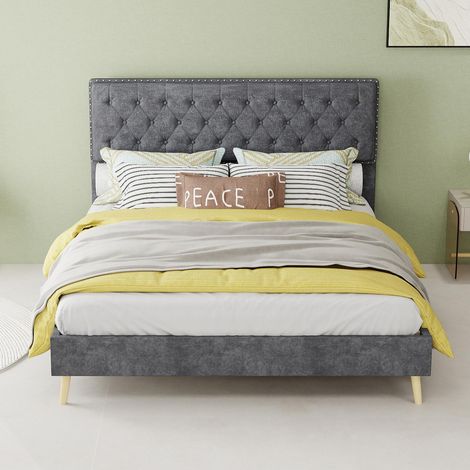 Lit moderne minimaliste et moelleux, tête de lit confortable et douce, 140200CM, gris, meuble de chambre multifonctionnel, cadre de lit bas sans vérin à gaz, matelas non inclus. (1/5)
