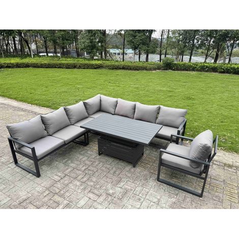 Fimous 7 Piece L-shaped Garden Furniture Set 8-Seater Aluminium Outdoor Dining Set with Adjustable Rising Lifting Dining Table Dark Grey (1/5)