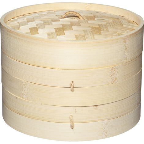 Vaporera de bambú, 2 niveles, tapa incluida, para wok y sartén, cocina asiática (1/5)