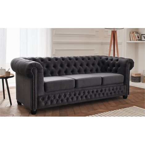 Lisa Design – Canapé Chesterfield 3 places en velours gris foncé – Capitonnage raffiné – Détails clous noirs – Assise profonde et confortable (1/5)