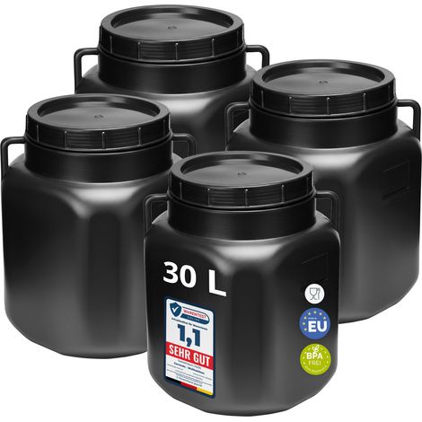 Garronda Lot de 4 fûts alimentaires carrés 30 L en HDPE sans BPA, à large ouverture avec couvercle, pour eau, aliments, choucroute et fermentation, noir GD-0134