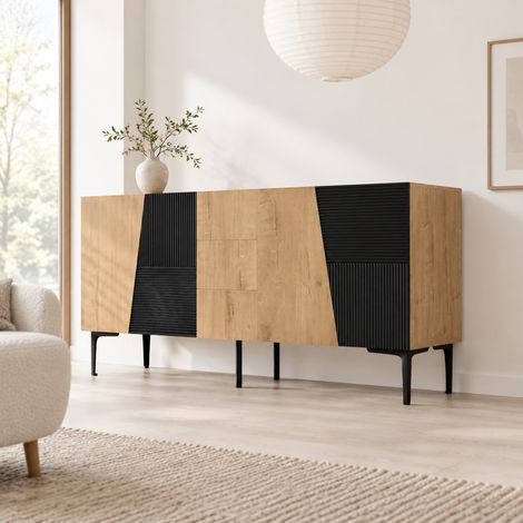 Sideboard 160/40/80 cm naturale e nero con 4 ante, 3 cassetti e piedini in ferro (1/5)