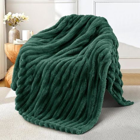 Couverture polaire jacquard - DOK - 130x150 cm - Vert forêt - Rayé - Super douce - Léger et moelleux - Toutes saisons (1/4)