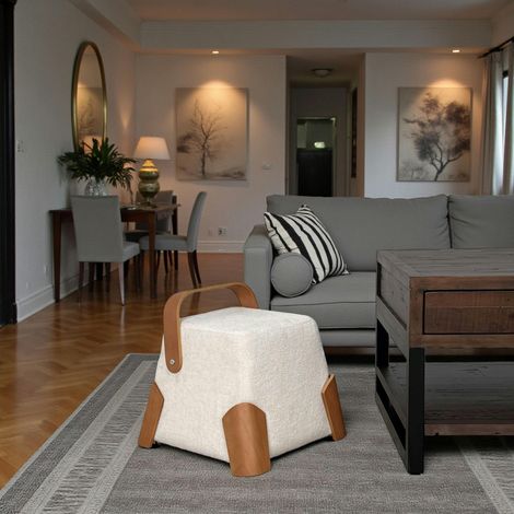 Pouf design blanc avec poignée en bois IENA (1/5)