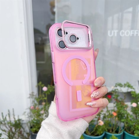 (iPhone 17 Pro Max, rose) Étui magnétique Magsafe pour iPhone avec protection d'objectif et support en métal.