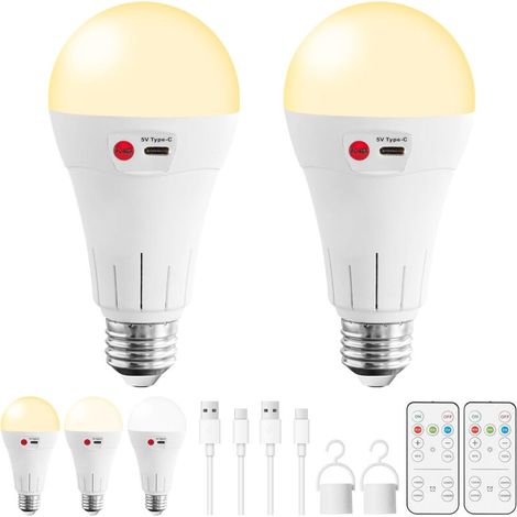 Lot de 2 Ampoules LED E27 Rechargeables avec Télécommande - Batterie 2000mAh USB-C - Variable 3 Couleurs - Éclairage de Secours Sans Fil