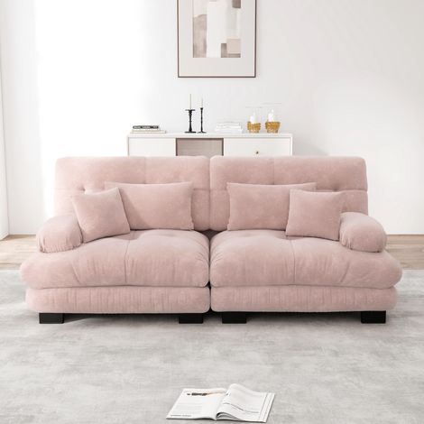 Canapé d'angle Cloud pour salon, canapé deux places en chenille rose avec 2 coussins lombaires et 2 coussins décoratifs, structure en bois massif