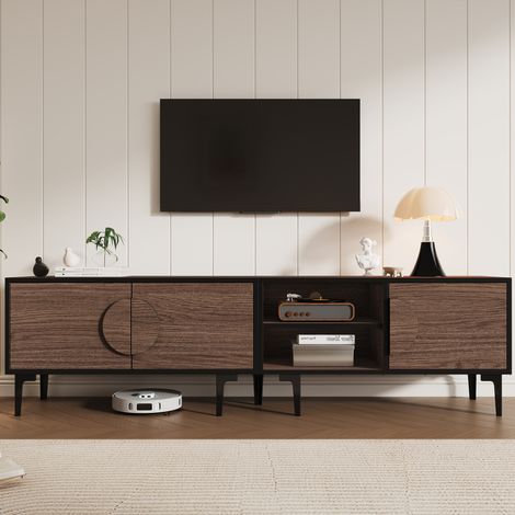 Mobile TV 180x35x49 cm rovere scuro in truciolare con 3 ante, 2 vani aperti e 7 piedi, per TV fino a 80 pollici (1/5)