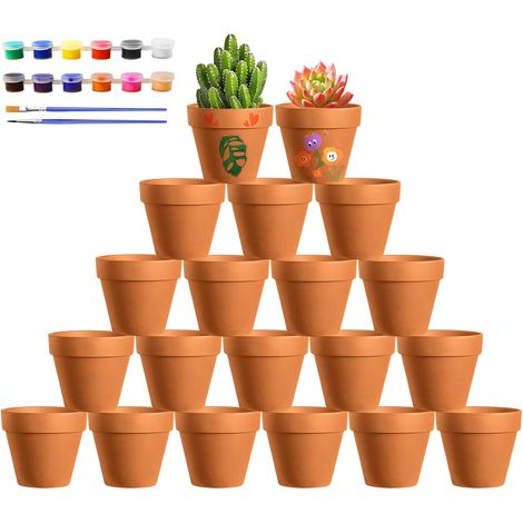 20 Pots Terre Cuite pour Succulentes - 4,5x4cm - Naturel avec Kit Peinture - Trous Drainage - Intérieur Extérieur Bureau Maison (1/5)