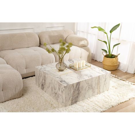 Dmora - Mesa de café Jesinia, Mesa de centro baja, Revistero para sofá, Estante de la sala de estar, 90x90 h35 cm, Mármol (1/5)