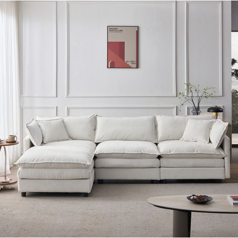 Sofá esquinero modular 267x154x85 cm en chenilla beige con puf para espacios pequeños – MEUBLIV (1/5)