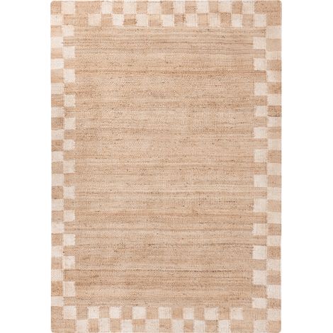 Alfombra rectangular de yute y algodón con borde a cuadros 160 x 230 cm estilo rústico salón dormitorio beige claro Beed