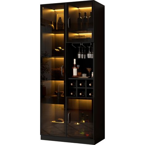 Vitrina con iluminación LED controlable por aplicación, armario de cristal con puertas de cristal, botellero y espacio de almacenamiento, muebles de salón. (1/5)
