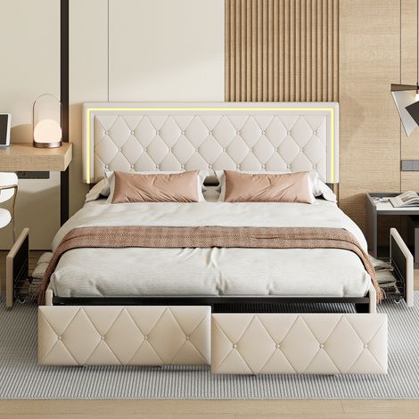 lit 160 x 200 avec tiroirs, LED réglable, Sommier à Lattes, lit double, Lit Capitonné, lit 2 places, Chambre moderne, PU, Beige (1/5)