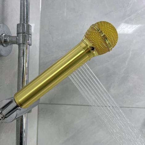 Pommeau de douche musical portatif (doré) avec microphone, en aluminium. Jouet de bain amusant et chantant, cadeau idéal pour enfants et adultes. (1/5)