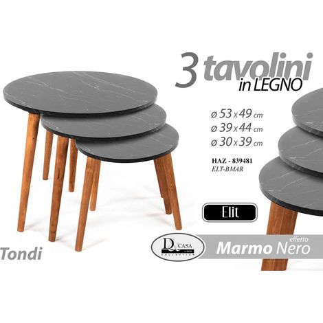 Set 3 tavolini in legno Elit marmo nero tondi