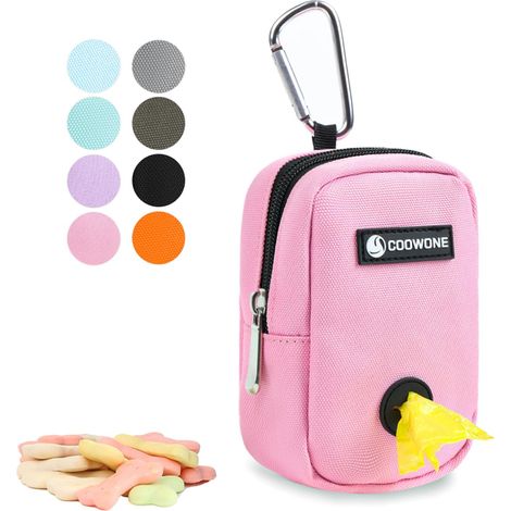 Petit sac à friandises avec distributeur de sacs à déjections canines pour laisse, sacs de marche, porte-sacs à déjections canines, sac à friandises mains libres (rose) (1/5)